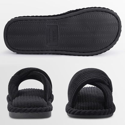 Evshine Summer House Slippers for Women Corduroy Cross Bow Indoor Slippers Open Toe Slip On Bedroom Shoes with Memory Foam
