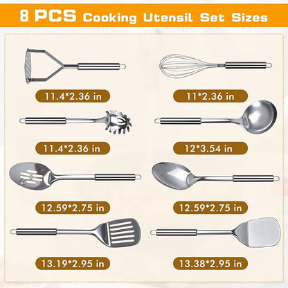 8 Pcs Cooking Utensils Set, Stainless Steel Kitchen Utensils, Heat Resistant Metal Kitchen Tools Include Solid & Slotted Spatula, Serving Spoon, Ladle, Pasta Server,Potato Maseher, Egg Whisk, Silver