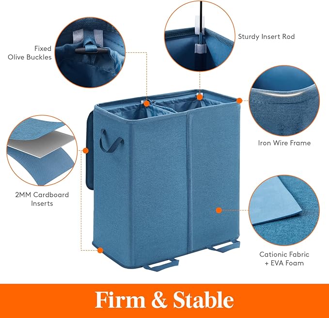 Lifewit Double Laundry Hamper with Lid and Removable Laundry Bags, Large Collapsible 2 Dividers Dirty Clothes Basket with Handles for Bedroom, Laundry Room, Closet, Bathroom, College, 136L Blue