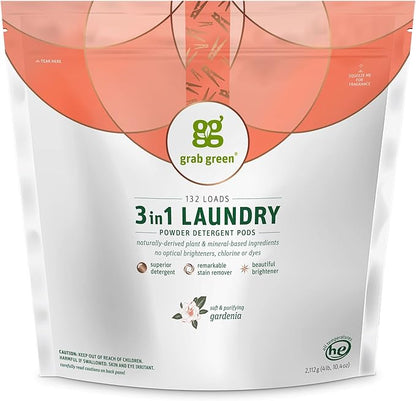 Grab Green 3-in-1 Laundry Detergent Pods, 132 Count, Gardenia Scent, Plant and Mineral Based, Superior Cleaning Power, Stain Remover, Brightens Clothes