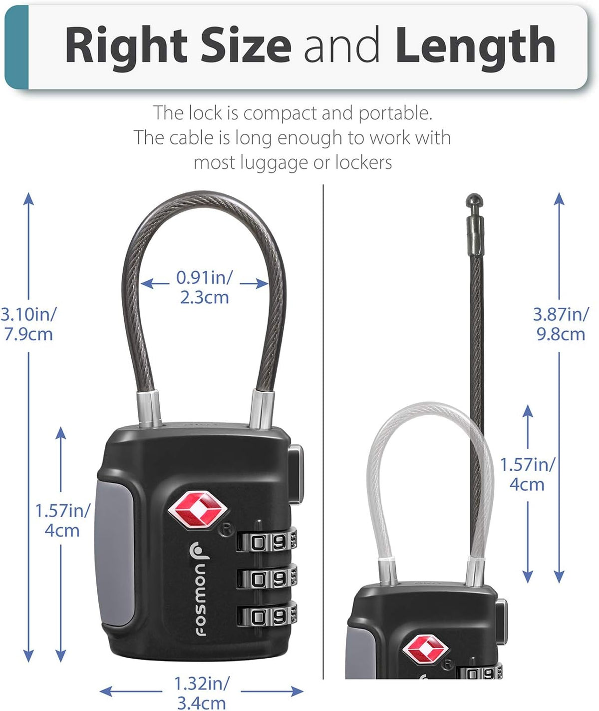 Fosmon TSA Approved Luggage Locks, Cable Suitcase Travel Lock, 3 Digit Long Shackle Combination Padlock, Wire Lock for Gym Locker, Backpack Anti Theft