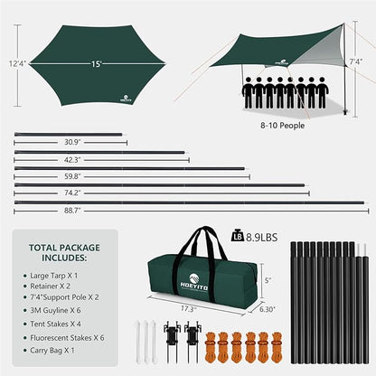 Camping Tarp with Poles & Retainer,15x12.5FT Large Waterproof 210D Oxford Cloth Camping Canopy, Anti-UV UPF100+ Tent Tarp Car Awning for Outdoor, Picnic, Hammock, Car, Backpacking (Green)