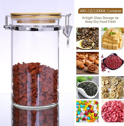 Glass Coffee Storage Containers with Bamboo Shelf,Ground Coffee Holder Jars,Airtight Glass Countertop Storage Jar Canisters with Spoon for Coffee,Loose Tea,40 Fluid-oz,Pack of 3