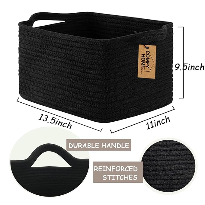 COMFY-HOMI 3PACK Cotton Rope Woven Basket With Handles for Shelves, Toy, Book, Cloth Storage Basket for Organizing|13.5" x 11" x 9.5" Decorative Nursery Cube Bin for Living Room（all Black）