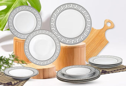 Porcelain 12 Piece Dinnerware Set - Service for 4 - Gorgeous Silver Greek Key Inspired Design - Includes Kitchen Plates, Ceramic Dishes Set for 4 (Meander Silver)