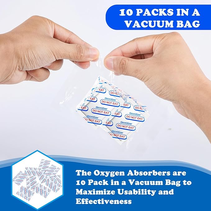 100 Packs 400CC Oxygen Absorbers (10 Packs in Individual Vacuum Bag), Food Grade Oxygen Absorbers for Food Storage, Perfect for Mylar Bags, Canning, Mason Jars