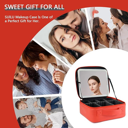 Makeup Bag with Led Mirror,Travel Makeup Organizer with 3 Color Setting & 10X Magnifying Mirror, Portable Storage and Adjustable Dividers Travel Makeup Bag-red