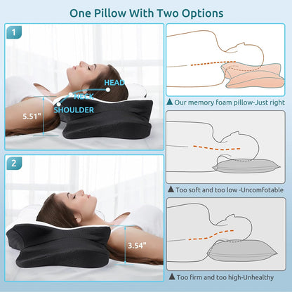 DONAMA Cervical Pillow for Neck Pain Relief,Contour Memory Foam Pillow,Ergonomic Orthopedic Neck Support Pillows for Side,Back and Stomach Sleepers with Breathable Pillowcase-Black