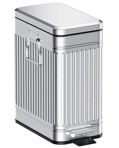 Small Trash Can with Lid Soft Close-10L/2.6 Gal Stainless Steel Outdoor Dog Poop Garbage Can-Metal Waste Bins with Pedal for Bathroom Bedroom Office-Silver