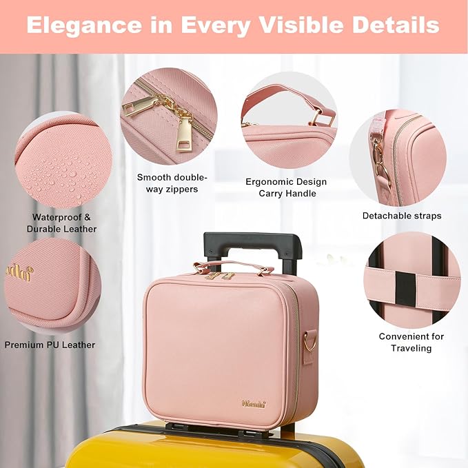 Mocado Travel Makeup Bag with LED Lighted Mirror, Travel Makeup Organizer, Makeup Case with 3 Color Lighted Setting and 10x Magnifying Mirror, Portable Storage and Adjustable Dividers Makeup Box(Pink)