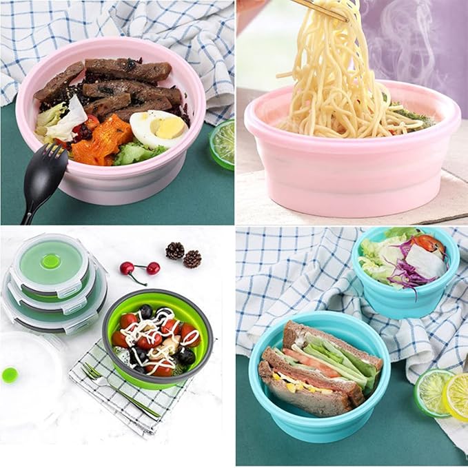 Collapsible Bowls For Camping, Set of 4 Silicone Food Storage Containers with Lids, Rv storage and organization, Rv Kitchen Accessories, BPA Free, Microwavable, Freezer, Dishwasher Safe (Round-Green)
