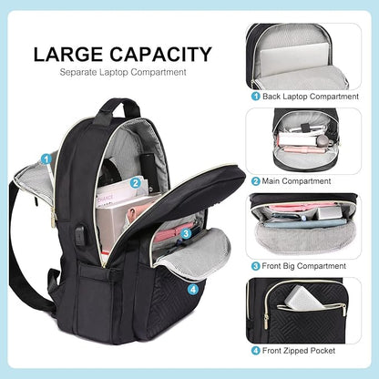 LOVEVOOK Laptop Backpack for Women, Stylish Quilted Backpacks Purse for Business Work Travel, Computer Bags Bag, with USB Port fits 15.6-inch Laptop, Black