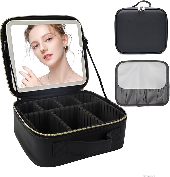 Travel Makeup Bag with LED Mirror and Light Travel Makeup Case Cosmetic Organizer Portable Cosmetic Brush Organizer Bag with Adjustable Dividers for Cosmetics Makeup Brushes Toiletry (Black)