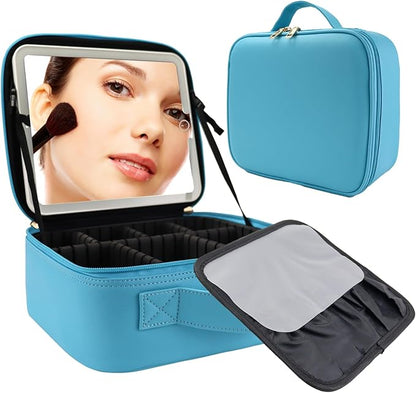 Travel Makeup Bag with LED Mirror Travel Makeup Organizer with 3 Lighted Settings, Adjustable Dividers and Makeup Brush Storage Bag Blue