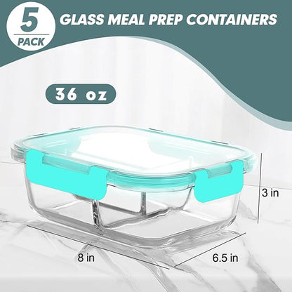 KOMUEE Glass Meal Prep Containers 3 Compartments, 5 Pack 36 oz, Glass Food Storage Containers with Lids, Airtight Lunch Bento Box, Portion Control, Freezer and Microwave Safe, Green