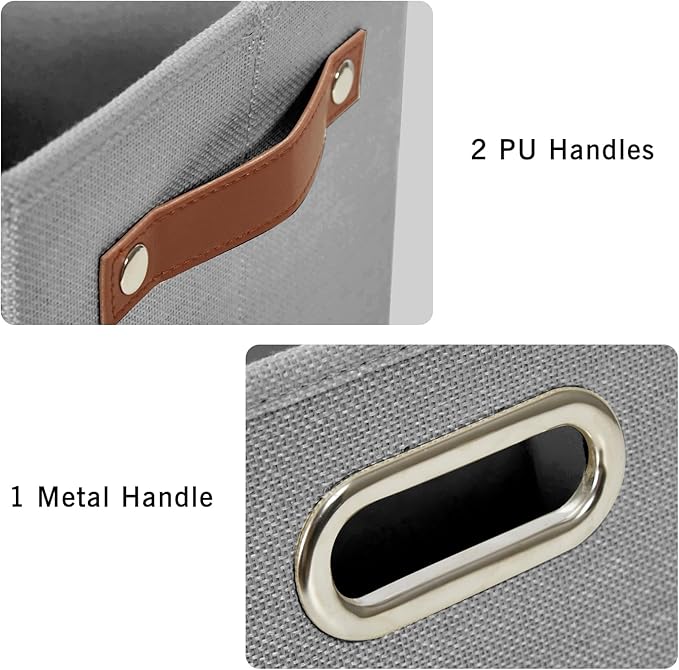 Large 3-Pack Foldable Fabric Storage Bins with Durable PU & Metal Handles, Collapsible Storage Baskets for Shelves, Home Storage, Closet Organizers, Living Room(14.9"x9.8"x9.8", Grey)