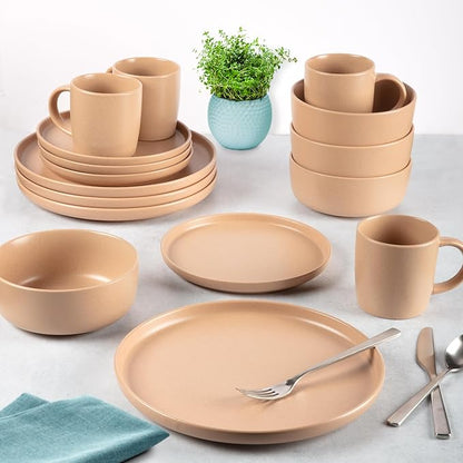 Zulay Kitchen Terra Stoneware Dinnerware Set, Artisanal Ceramic Plates and Bowls Set Crafted at 2300℉ - Service for 4, Terracotta Clay
