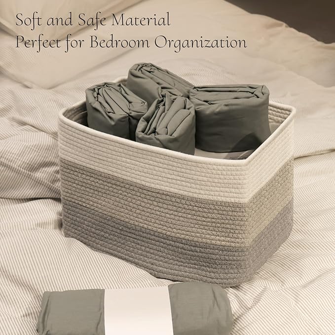 Hopegiver Woven Storage Baskets 15x11x10 Inch, 1 Pack Collapsible Cube Storage Bin for Shelves - Foldable Cotton Rope Organizer Bins for Towels, Toys, Books, Closet, Nursery (White Light-Gray Gray)