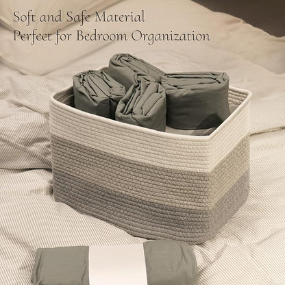 Hopegiver Woven Storage Baskets 15x11x10 Inch, 1 Pack Collapsible Cube Storage Bin for Shelves - Foldable Cotton Rope Organizer Bins for Towels, Toys, Books, Closet, Nursery (White Light-Gray Gray)