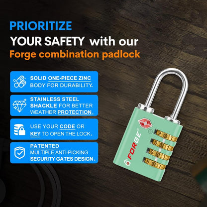 Forge Dual-Opening: Key or Combination Access Lock, TSA Approved Locks for Luggage, Pelican case, Travel, Gym, School, Stainless Steel Shackle. (Green, 2 Pk)