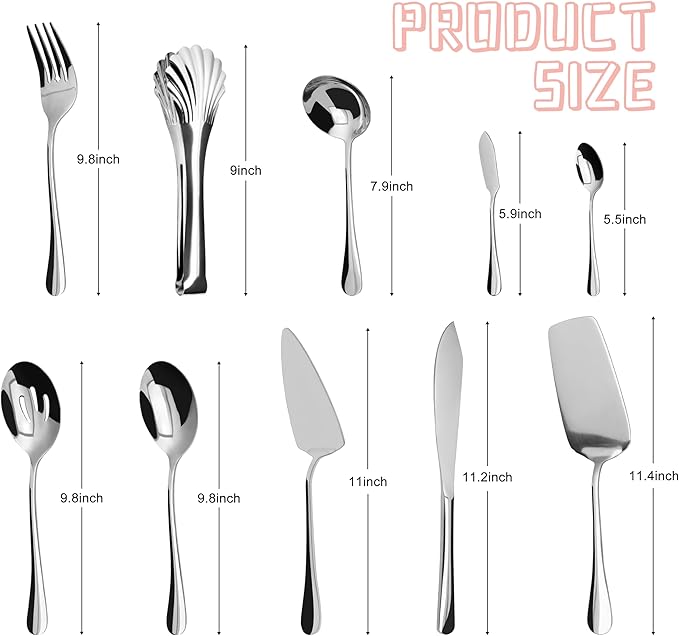 Serving Utensil Set,10 piece Serving Utensil with Serving Spoons，Serving Forks，Serving Tongs Soup Ladle and Pie Server Buffet Catering Serving Utensils,Dishwasher Safe (5.5-11.2Inch-Serving Set-10pcs)
