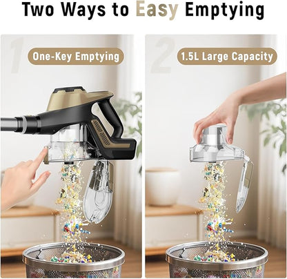 Cordless Vacuum Cleaner, 30Kpa Home Stick Vacuum, Smart Display & 1.5L Dust Cup, 55mins Max Runtime, Rechargeable Lightweight Handheld Vavuum for Pet Hair/Carpet/Hardwood Floor/Car (Golden)