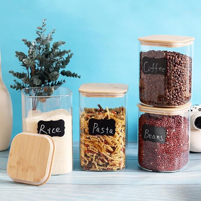 Large Glass Flour and Sugar Containers, Set of 2-120 oz Glass Food Storage Containers with Airtight Lids, Square Jars with Bamboo Lids for Rice, Pasta, Cookies, Sugar