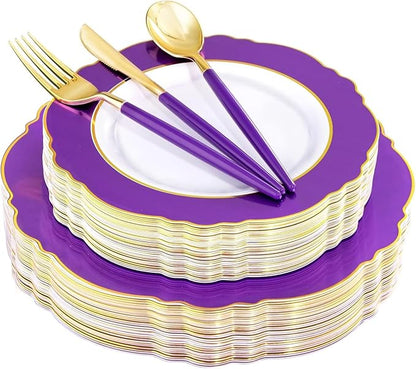 WDF 30Guest Purple Plastic Plates with Gold Rim & Disposable Gold Plastic Silverware With Purple Handle - Baroque Party Plates Mardi Gras Plate for Birthday Parties/Wedding