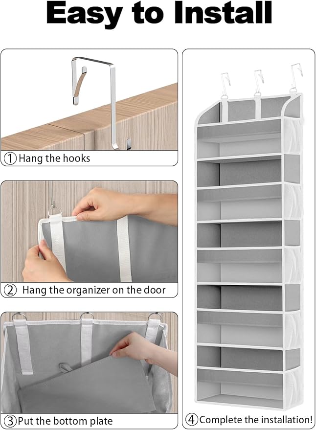 1 Pack Over The Door Storage Organizer with 5 Pockets 10 Mesh Side Pockets, 44 lbs Weight Capacity Door Hanging Organizers and Storage for Bedroom,Bathroom,Nursery,Pantry,Dorm(Light Gray)