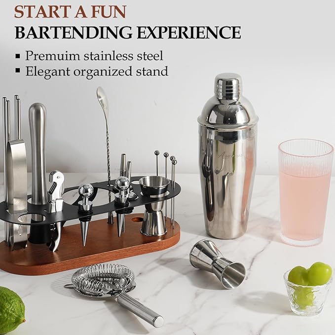 Cocktail Shaker Set Bartender Kit with Stand | 23-Piece Bar Set Drink Mixer Set with All Essential Bar Tools: Martini Shaker, Jigger, Strainer, Spoon, Muddler, Pourers, for Home, Bar, Party
