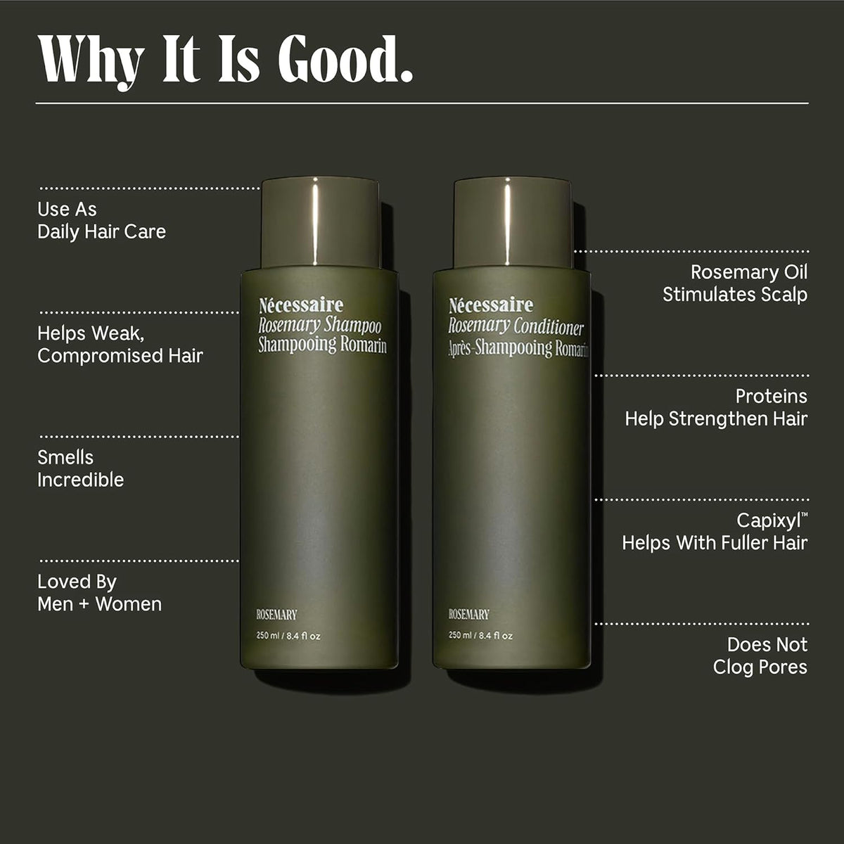 Nécessaire Rosemary Hair Duo - Rosemary Shampoo and Conditioner for Women + Men. Rosemary Oil + Proteins For Stronger Hair. Good for All Hair Types/Textures. 250 ml / 8.4 fl oz
