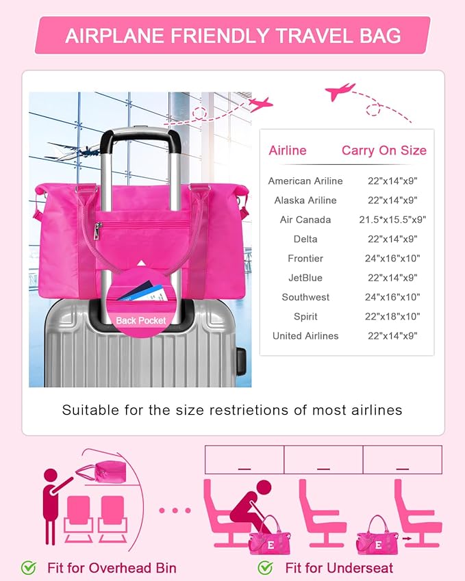Overnight Bag for Kids Teen Girls Weekender Dance Bag Birthday Graduation Gifts,Initial Travel Duffel Bag Sports Gym Bag Personalized Weekender Bag Carry On Bags Preppy Gifts for Women(Hot Pink, E)