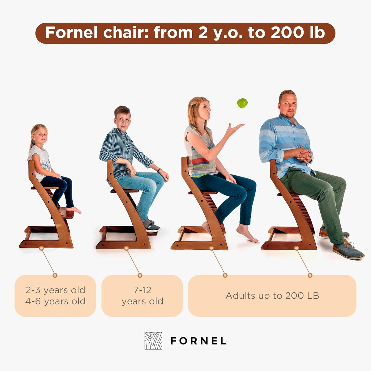 FORNEL Adjustable Wooden High Chair for Babies, Toddlers & Kids | The Grow-with-Me Chair from 6 Months to 200 lbs | Modern, Easy to Clean Dining Chair (Walnut)