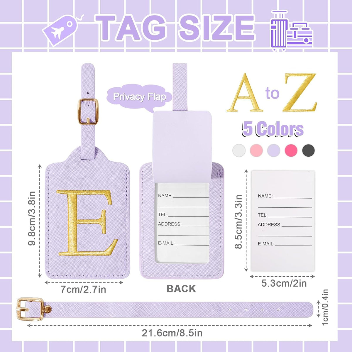 Personalized Initial Luggage Tags for Suitcase, Purple Leather Cute Luggage Tags with Privacy Cover Name Card, Embroidered Custom Monogrammed Luggage Tag Travel Backpack Tags Gifts for Women Kids(E)