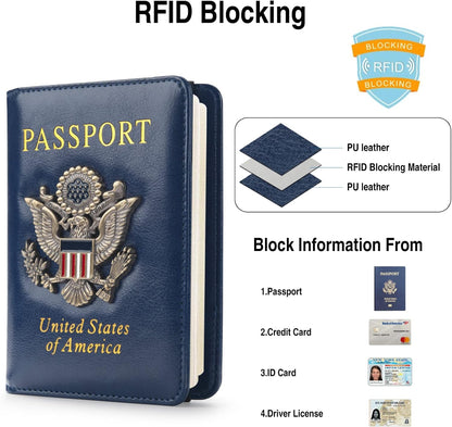 Passport Holder for Travel Passport Cover for Men Passport Wallet Case With 3D Metal Badge Protector Leather Card Case RFID Blocking Women Travel Accessories Document Organizer (Navy Blue)