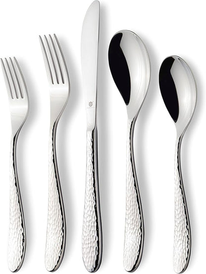 Hammered Silverware Set | Premium 18/10 Stainless Steel Flatware Service for 4 | Heavy-Duty & Dishwasher Safe | Built to Last (20-Piece, Marettimo Hammered)
