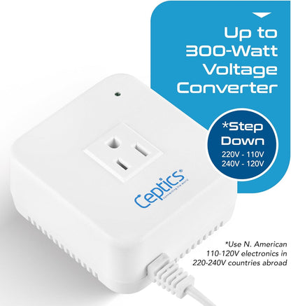 Ceptics 300 Watt Step Down Voltage Converter – Converts 220V/240V to 110V/120V – Perfect for Hair Straighteners, Laptops, and Chargers – CE Certified Travel Converter