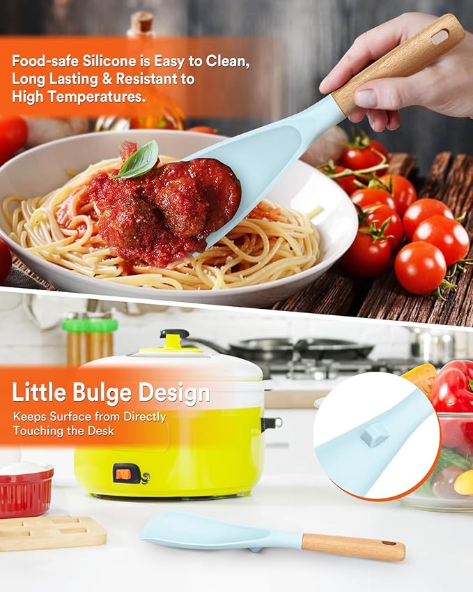 Cooking Spoon and Rice Scooper for Nonstick Cookwares, Great for Cooking and Serving Sturdy BPA-Free Matte Silicone, Wood Handle Spoon for Mixing, Scoop, and Scrape (BLUE)