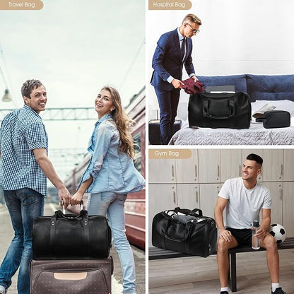 Wogarl 3PCS Leather Weekender Bag for Women Men Large Overnight Bag Travel Duffel Bag with Shoe Compartment Toiletry Packing Cube Carry On Bag Fit 21"" Laptop(Black), YT042
