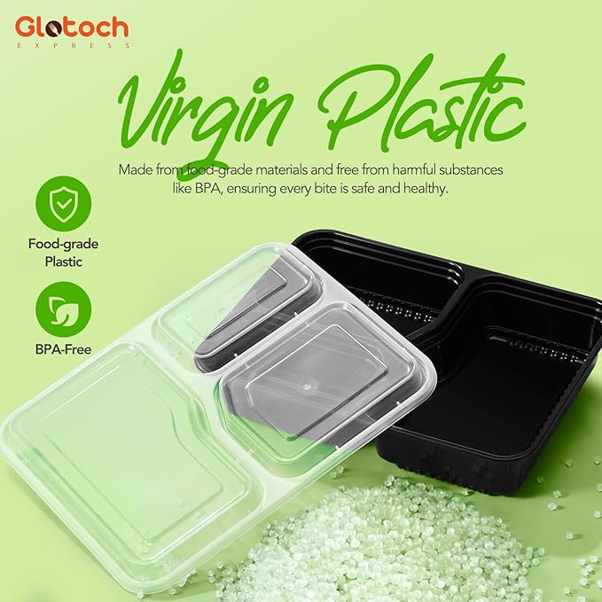 Glotoch 50 Pack (100-Piece) 34oz Meal Prep Containers Reusable with Lids 3-Compartment Containers Microwave, Freezer, Dishwasher Safe - Leakproof Durable To Go Take Out Plastic Food Storage