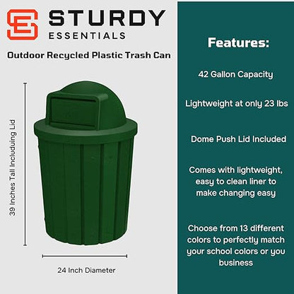 42 Gallon Slatted Circle 100% Recycled Plastic Commercial Outdoor and Indoor Trash Can with Push Open Dome Lid and Internal Liner | Great for Schools and Businesses - Green Granite