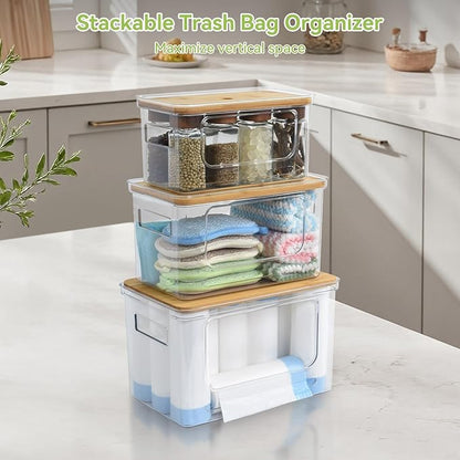 OTraki 3 Pack Trash Bag Holder Dispenser with Lid Plastic Garbage Bag Holder Dispenser Stackable & Wall-mounted, Trash Bags Dispenser Under Sink for Kitchen, Pantry Cabinet Organizer and Storage