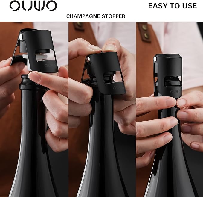 Champagne Sealer Stopper 6 Pack Stainless Steel Sparkling Wine Bottle Stoppers，Leak-Proof Bubble Retaining Saver，Suitable for Champagne Prosecco Cava and Sparkling (Black)