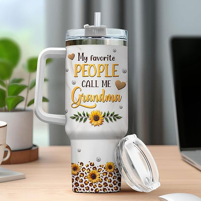 Nana Tumblers Handle Heart Daisy Cup Cups Coffee Print Black For Granny, Grandma Gifts, Tumbler 40 Oz With Handle Lid And Straw, Grandma Carving Rainbow Leopard Sunflower