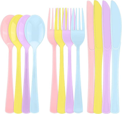 300 Pieces Pastel Plastic Silverware Heavy Duty Plastic Cutlery Set Heavyweight Disposable Utensils Includes Spoons Forks Knives for Birthday Wedding Dinner, Macaron Colors