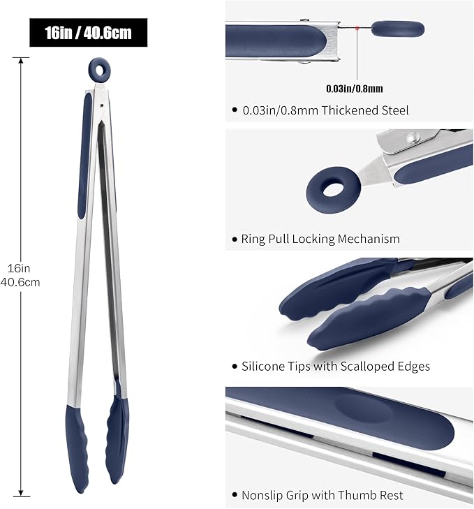 Doosu Kitchen Tongs for Cooking - 600°F Heat Resistant Food Tong with Non-Scratch Silicone Tips, Heavy Duty Stainless Steel Locking Tong for BBQ, Grilling Steak, Serving Salad Pasta (16in, Navy Blue)