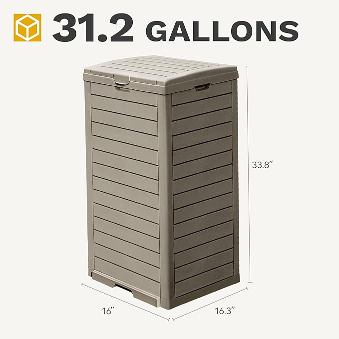 DWVO 38 Gallon Large Outdoor Trash Can, Waterproof Resin Hideaway Garbage Bin with Lid and Drip Tray, Outside Trash Bin for Porch, Backyard, Deck, Patio, Poolside, Easy to Clean, Taupe