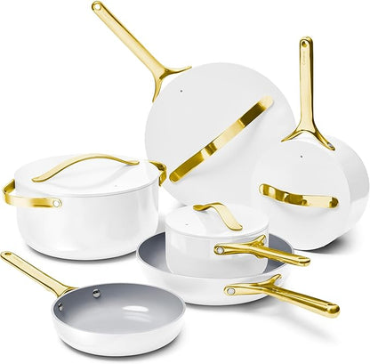 Caraway Deluxe Non-stick Ceramic Cookware Set (16 Piece) Pots, Frying Pans, Lids and Kitchen Storage - PFAS & PFOA Free - Oven Safe Pan Set & Compatible with All Stovetops - White