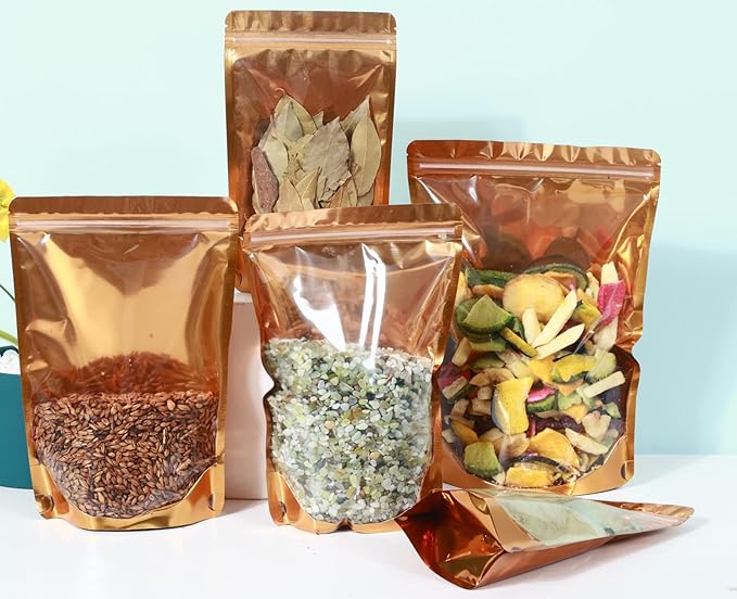 150-pack 7” x 10” 1 Quart Stand Up Mylar Bags with Clear Window Resealable Foil Pouches for Food Storage Smell Proof Edible Packaging Zip Bag for Jewelry and Small Business Bulk, Golden