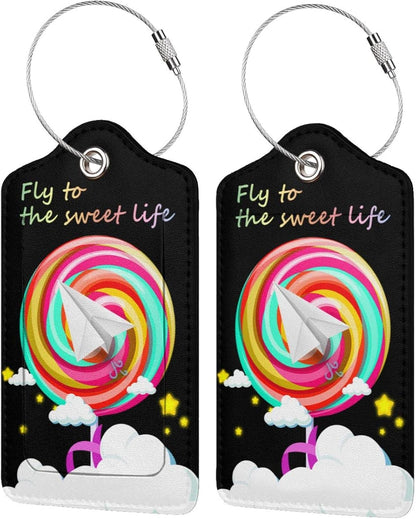 2 Pack Luggage Tag for Suitcase, Cute Unique Leather Suitcase Tags Identifiers with Privacy Name Address Labels & Durable Steel Loop for Women Men Travel